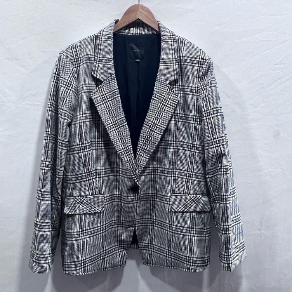 Alex Marie Plaid Blazer Plus Size 18 One Button Black Blue‎ Dark Academia Preppy